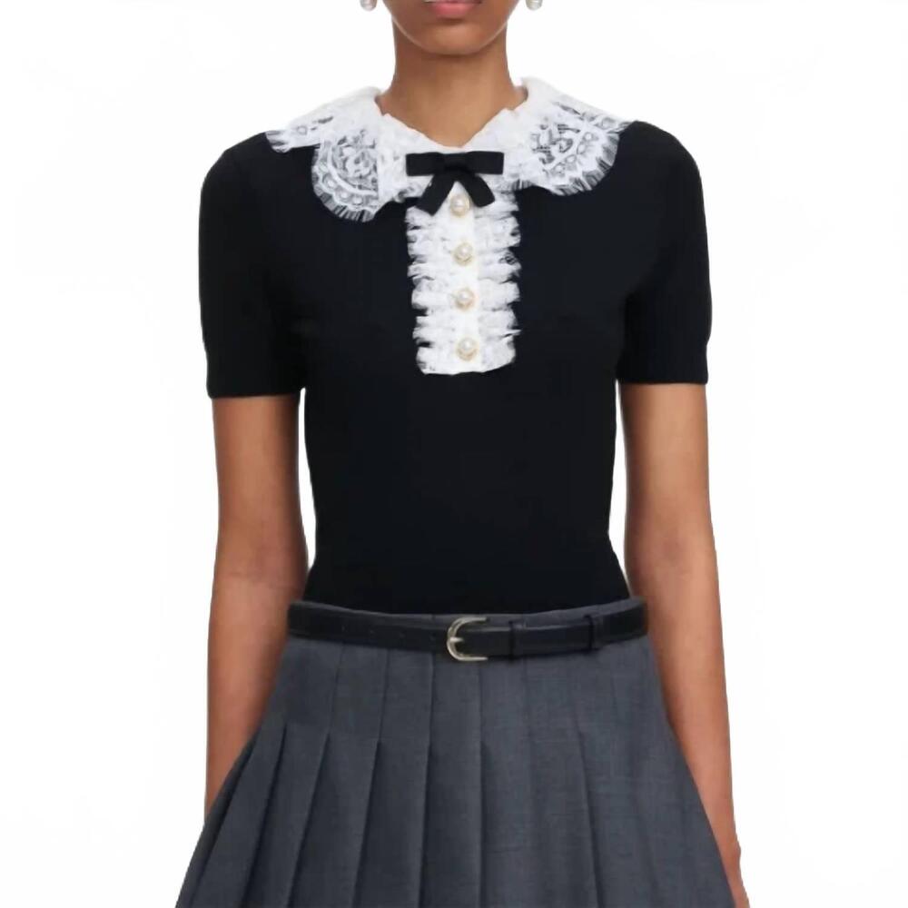 NEW SELF-PORTRAIT knit lace collar top in black